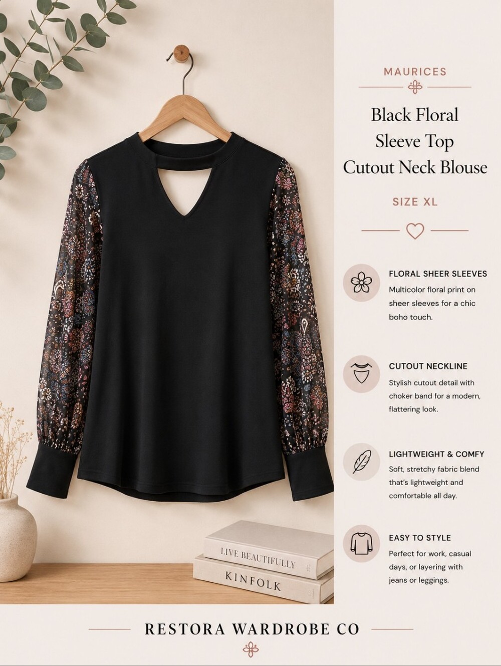 Maurices Black Floral Sleeve Top XL Cutout Neck Boho Blouse
